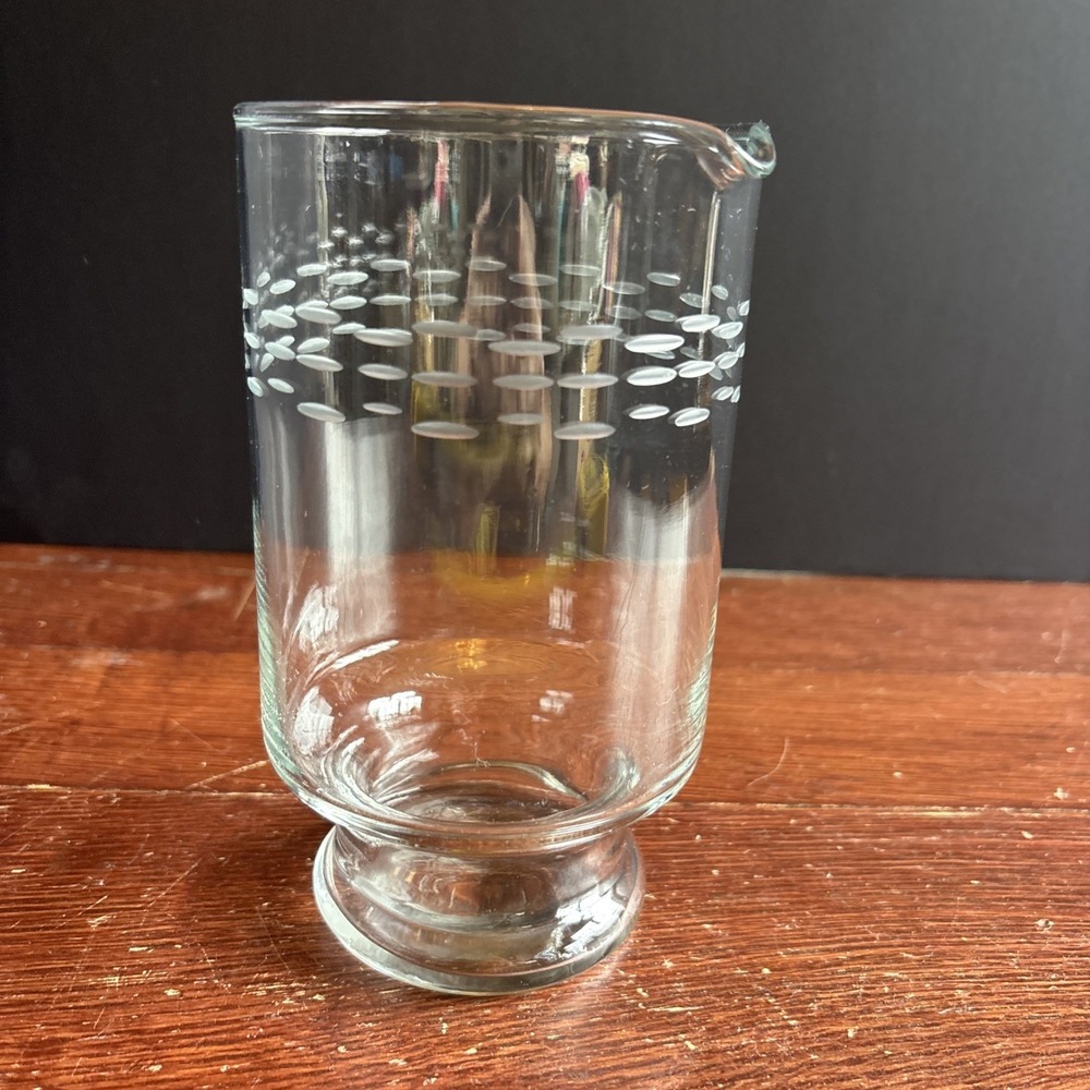 Vintage Mid Century Modern Atomic Etched Glass Cocktail Mixing Pitcher 6.75in
